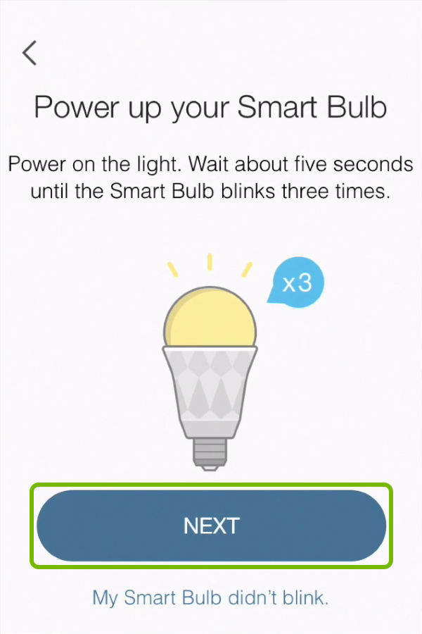 Next option highlighted on device connection screen in Kasa app.