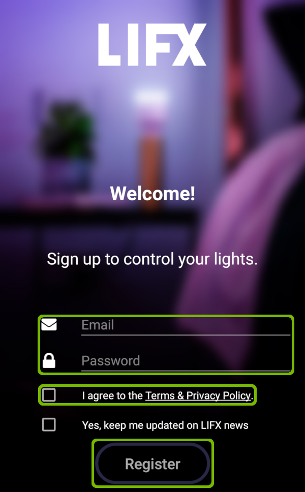 Lifx registration page with Email Password ToS agreement checkbox and Register button highlighted.