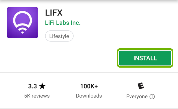Lifx Play Store page with Install highlighted.