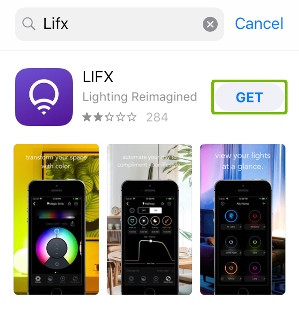 App Store search for Lifx with Get highlighted.