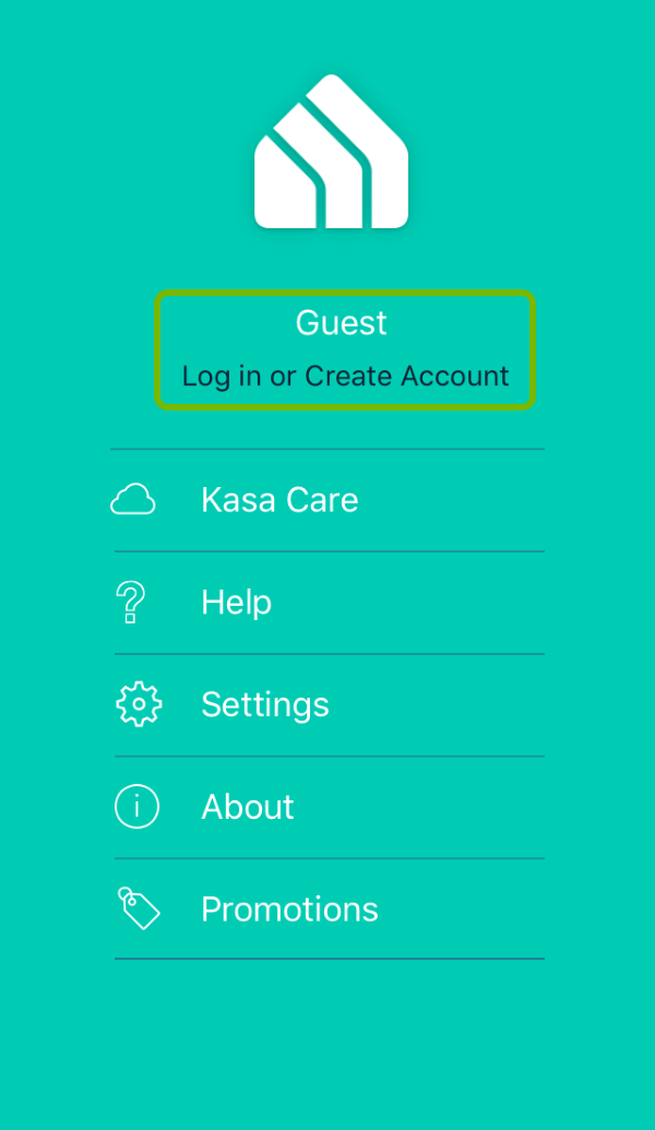 Logged in user and Log in or Create Account option highlighted in Kasa app menu.