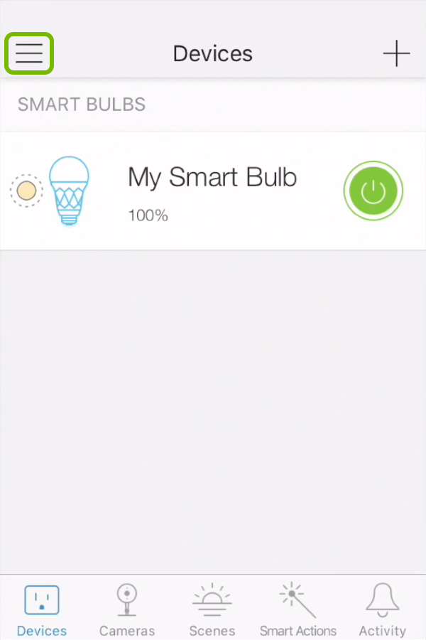 Menu symbol highlighted in Kasa app.