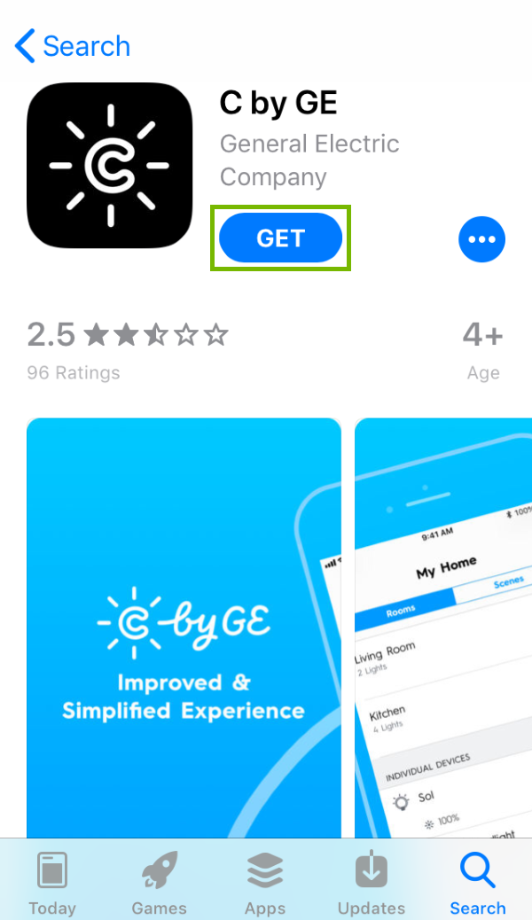 Get button highlighted in App Store for found app.