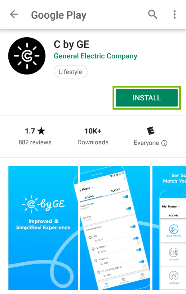 Install button highlighted in Play Store for found app.