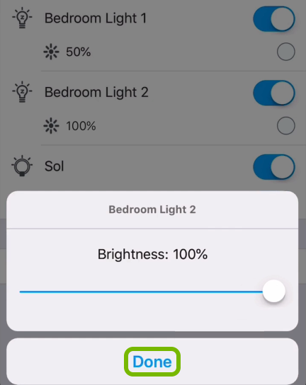 Done option highlighted on brightness setting popup in C by GE app.