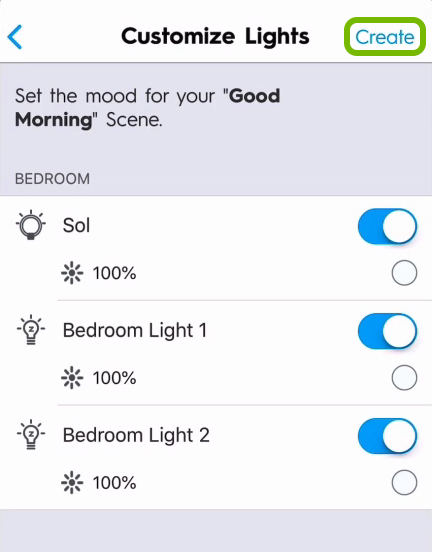 Create option highlighted in lights customization screen of C by GE app.