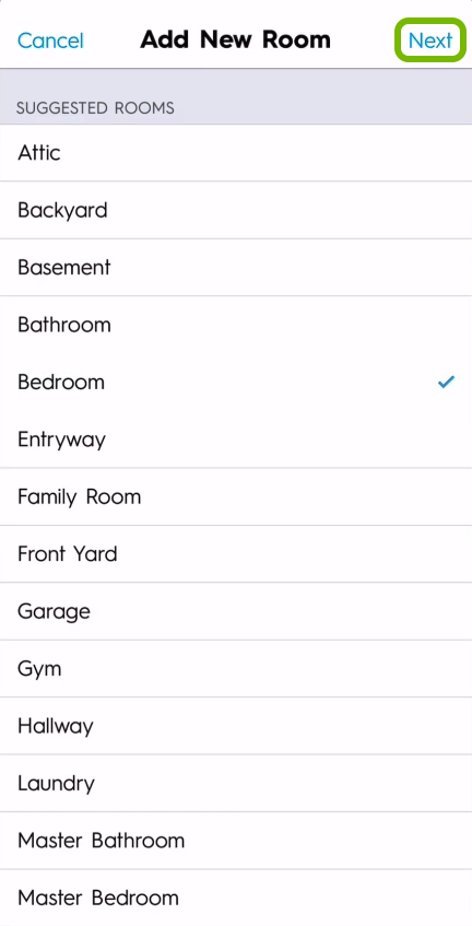 Next option highlighted in room name selection screen of C by GE app.
