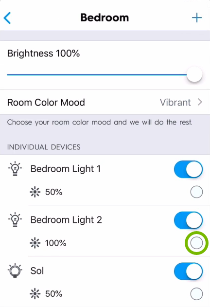 Color swatch highlighted for individual light bulb in C by GE app.