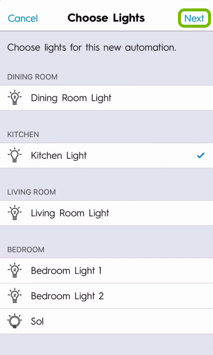 Next option highlighted in light selection screen of C by GE app.