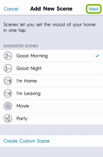 Next option highlighted in scene name selection screen of C by GE app.