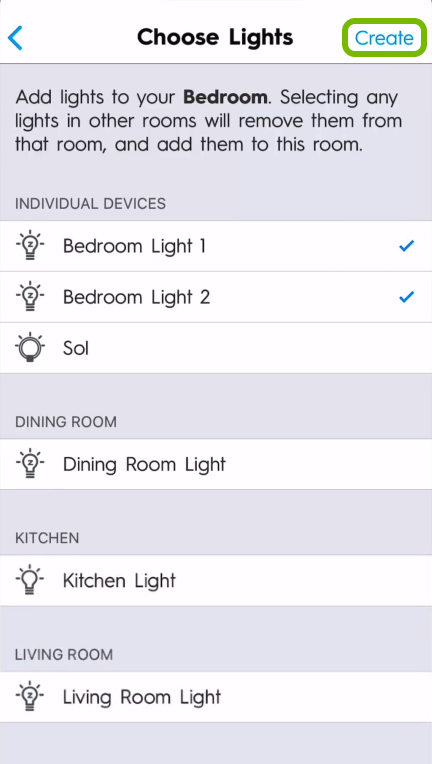 Create option highlighted in lights selection screen of C by GE app.