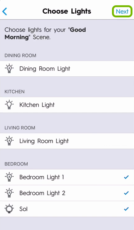 Next option highlighted in lights selection screen of C by GE app.