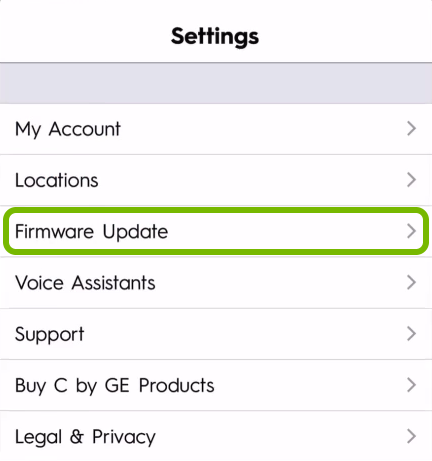 Firmwware Update option highlighted in C by GE app settings.