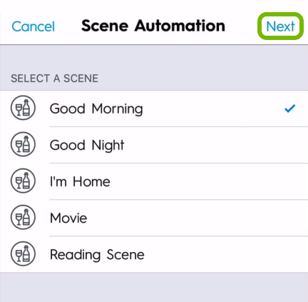 Next option highlighted in scene selection screen of C by GE app.