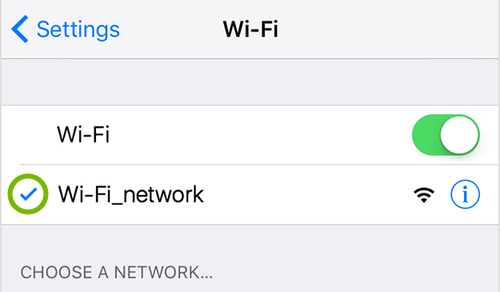 Checkmark highlighted next to Wi-Fi network name in iOS settings.