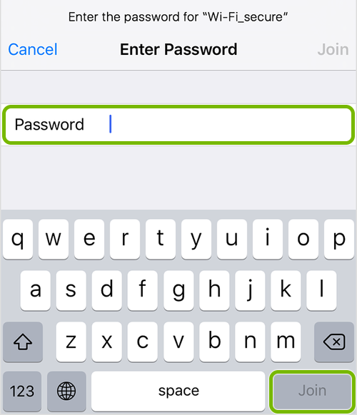 Wi-Fi Password field and Join button highlighted in iOS settings.