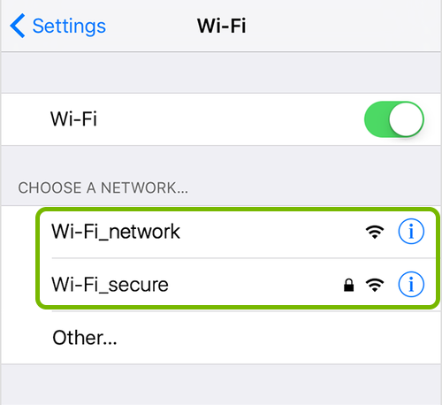 Wi-Fi networks highlighted in iOS settings.
