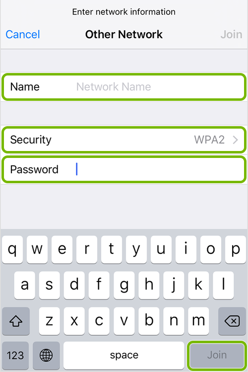 Network Name, Security type, Password fields and Join button highlighted in Wi-Fi connection of iOS settings.