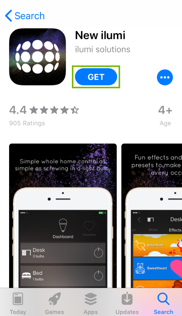 Get button highlighted in App Store for found app.