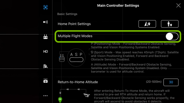 Multiple Flight Modes option highlighted in DJI GO 4 app settings.