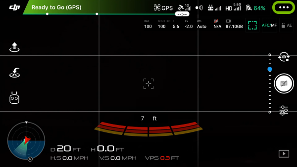 Menu icon highlighted in the top right corner of DJI GO 4 app.