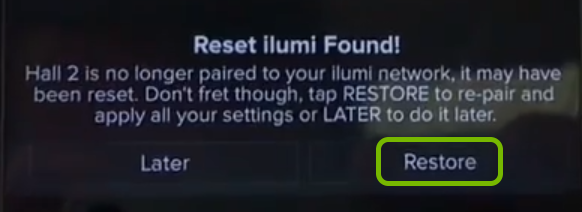 Restore option highlighted in ilumi app for reset smart bulb.