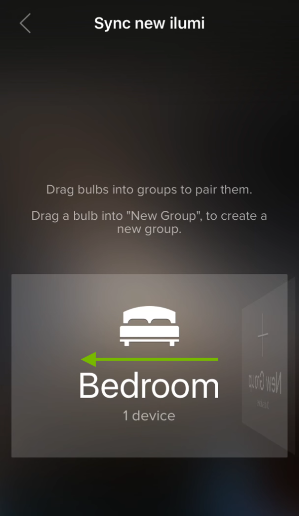 Arrow pointing swipe direction to change group in ilumi app.