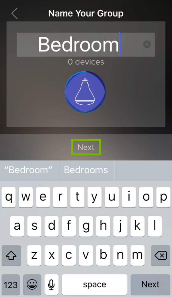 Next option highlighted on group naming prompt in ilumi app.