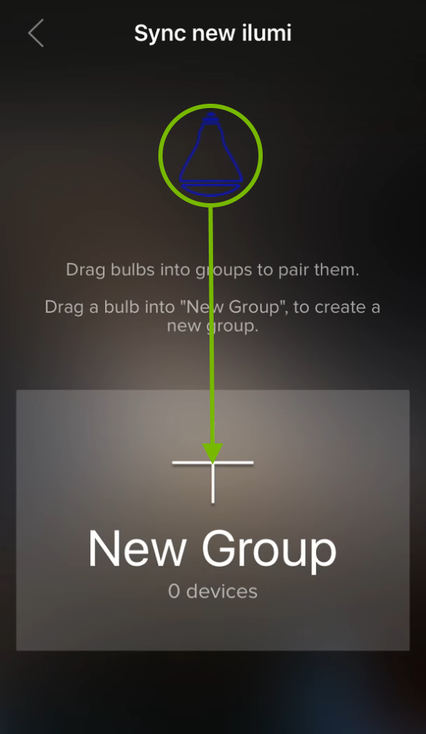 Light bulb contour highlighted and arrow showing drag direction in ilumi app.