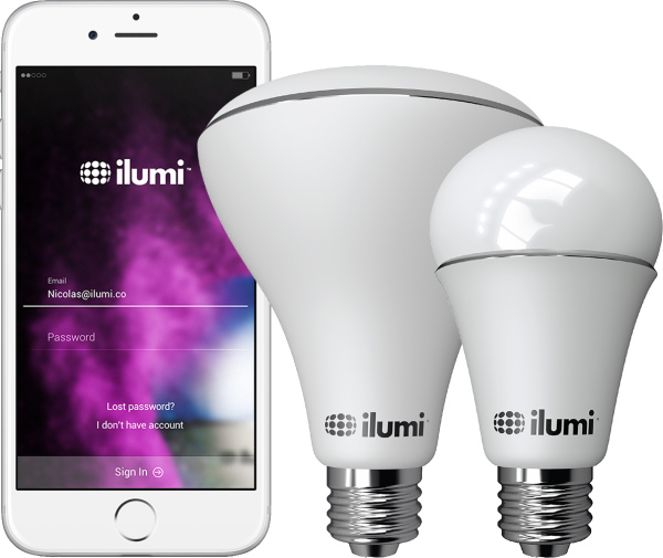 ilumi bulbs next to phone showing ilumi app.