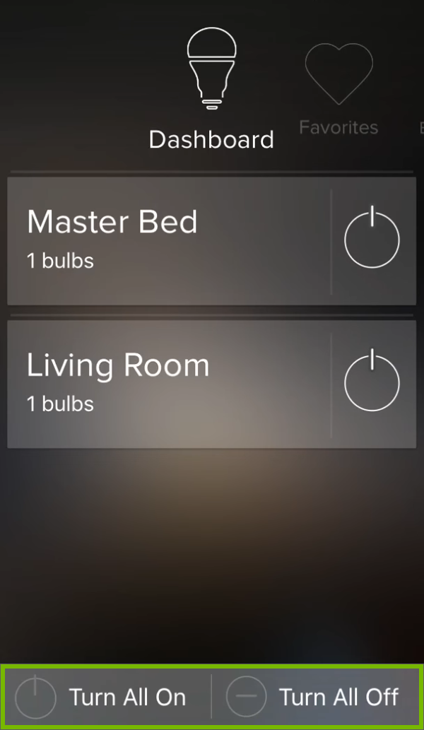 Turn All On or Off buttons highlighted at the bottom of group list in ilumi app.