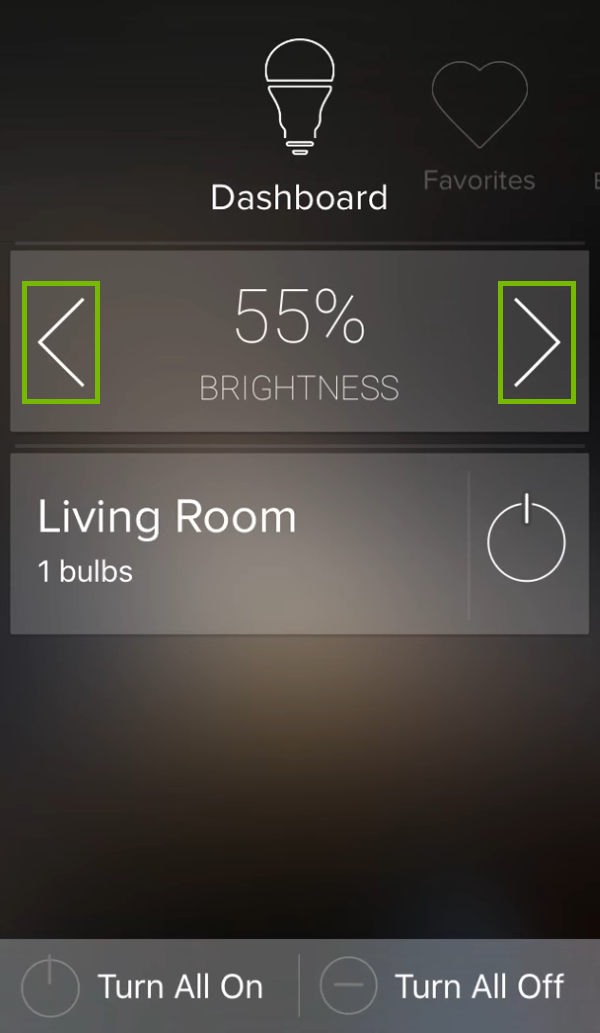 Brightness adjustment controls highlighted for selected group in ilumi app.