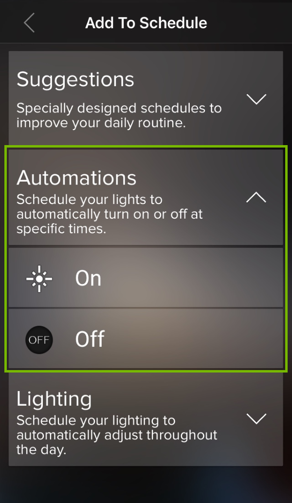 Schedule Automations highlighted in ilumi app.