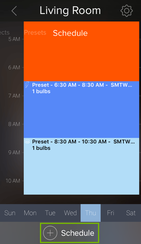 Add Schedule option highlighted in ilumi app.