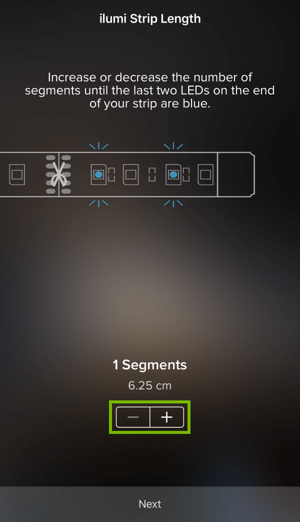 Plus and minus controls highlighted for strip confirmation length in ilumi app.