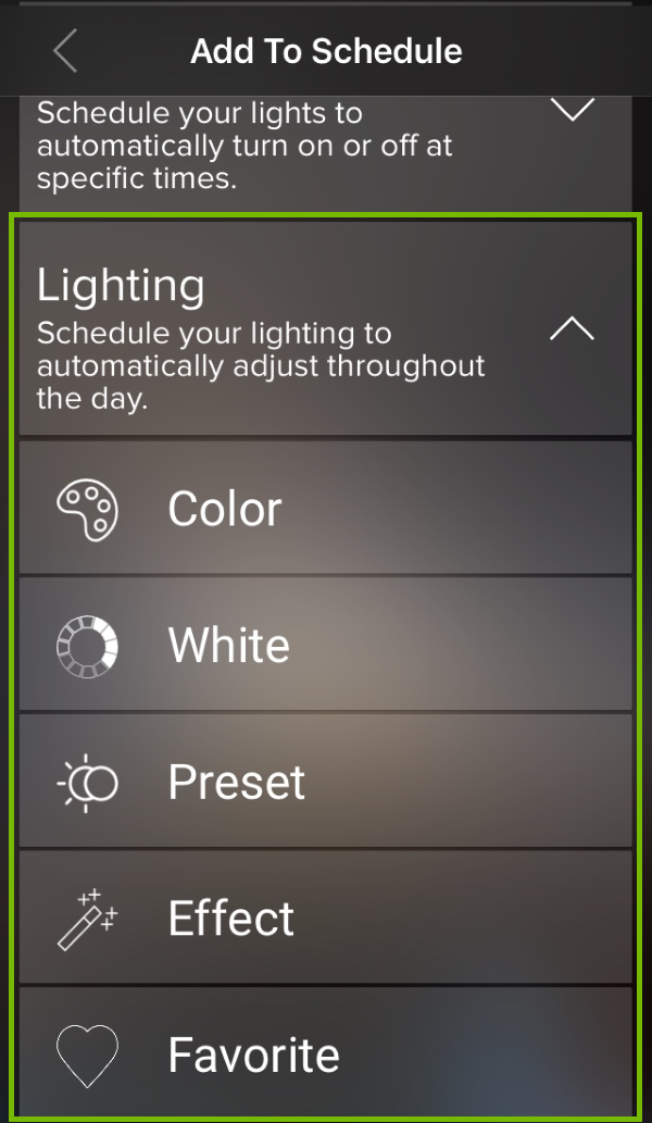 Schedule Lighting highlighted in ilumi app.