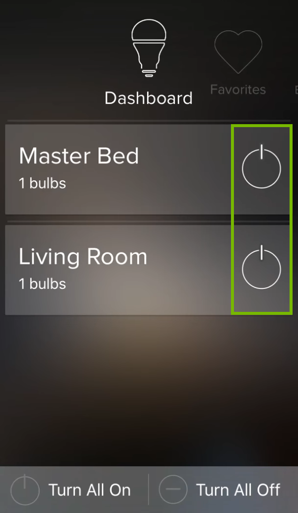 Power symbols highlighted for light groups in ilumi app.