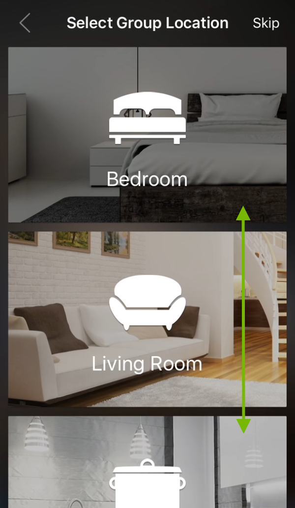 Light bulb location selection screen in ilumi app.