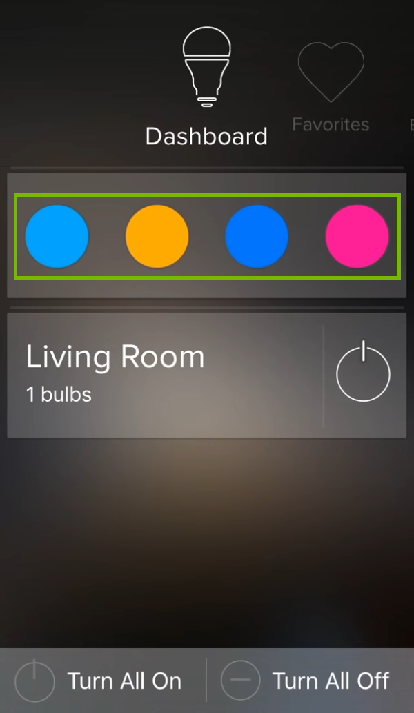 Recent colors highlighted for selected group in ilumi app.