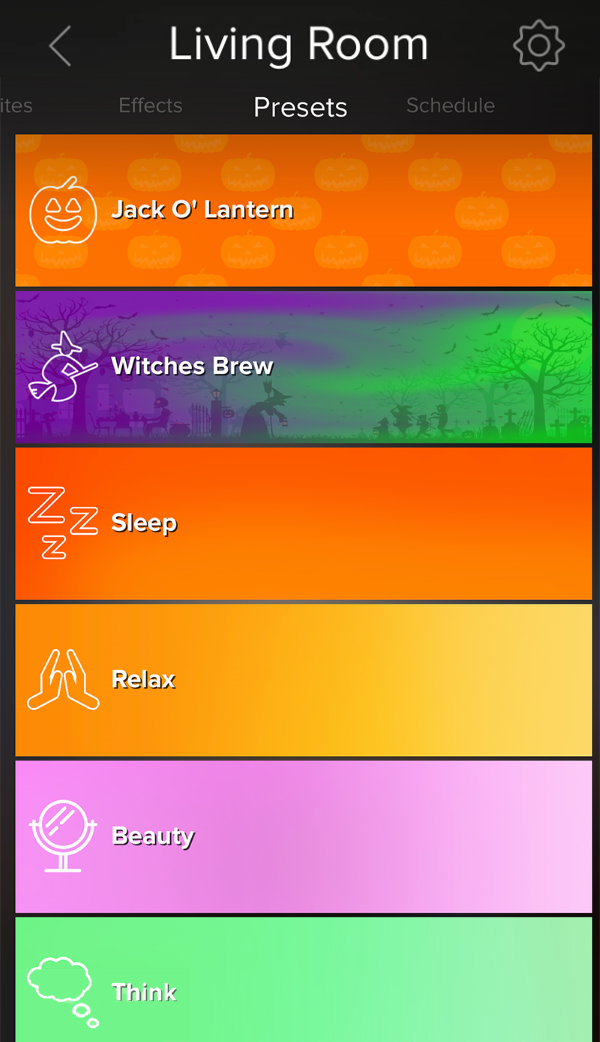 Presets screen showing in ilumi app.