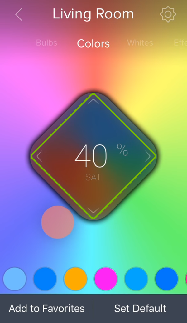 Central control diamond highlighted over the color picker in ilumi app.