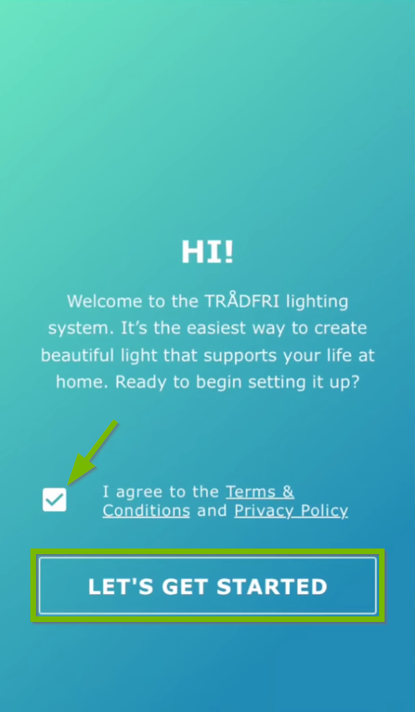 Checkmark pointed out and Let's Get Started button highlighted in Ikea Tradfri setup.