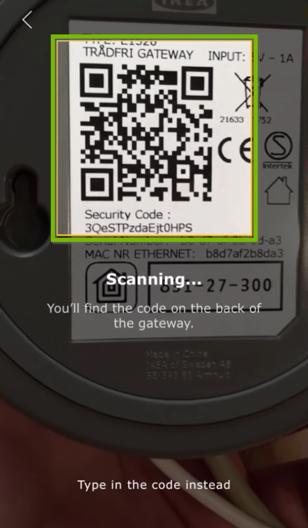 Code scanning area highlighted in Ikea Tradfri app.