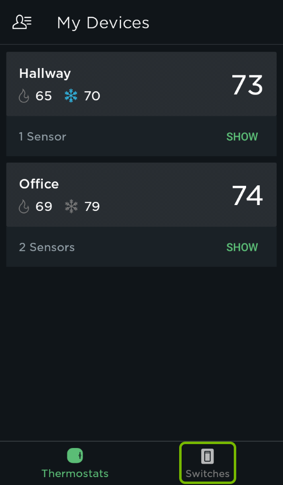 Switches tab highlighted in ecobee app.