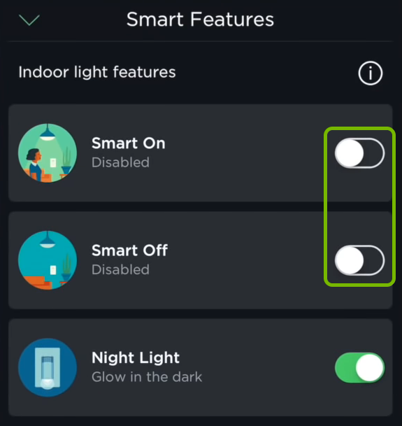 Smart On / Off toggle switches highlighted in Smart Features options of ecobee app.