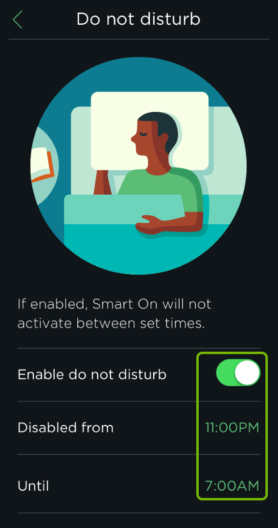 Toggle switch and set times highlighted for Do not disturb feature in ecobee app.