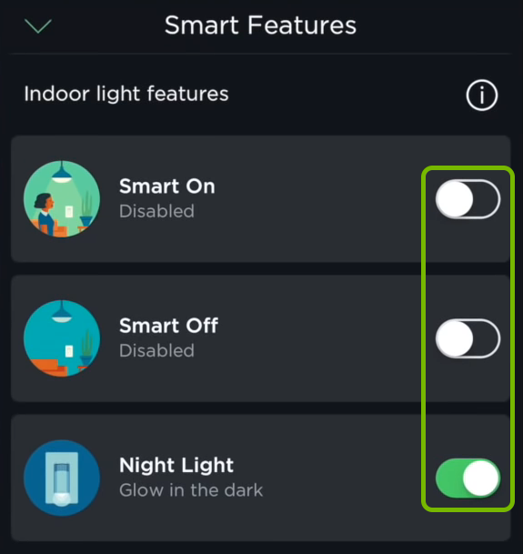 Toggle switches for indoor lighting smart features in ecobee app.
