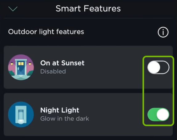Toggle switches for outdoor lighting smart features in ecobee app.