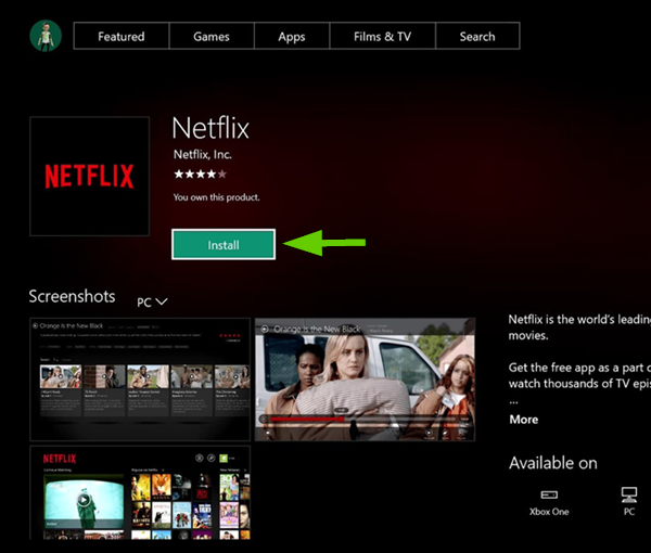 Xbox one store page showing netflix
