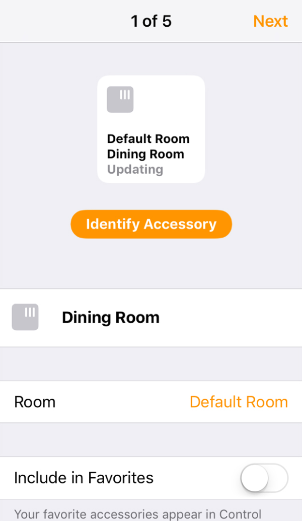 Device options for added device in Home app.